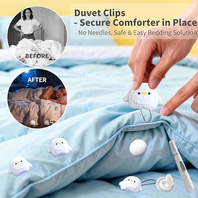 8 Pcs Duvet Clips with Pins Quilt Fixer,Non-Slip Duvet Cover Clips,Duvet Clips to Hold Comforter Inside,No Needles，Penguin Pattern(Inc Hook Tool,Storage Box)(White)