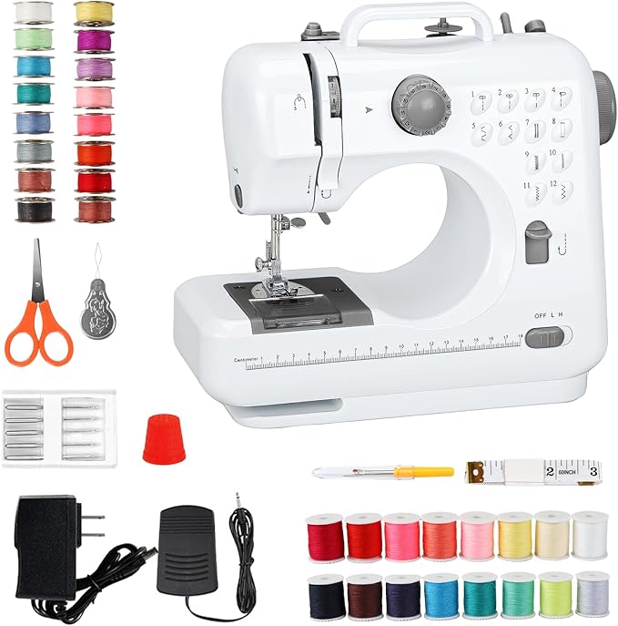 Mini Sewing Machine for Beginners, Portable Electric Sewing Machine with Dual Speed, 12 Built-in Stitches, Foot Pedal, and Accessories Kit for Home DIY Projects & Gift, White and Gray