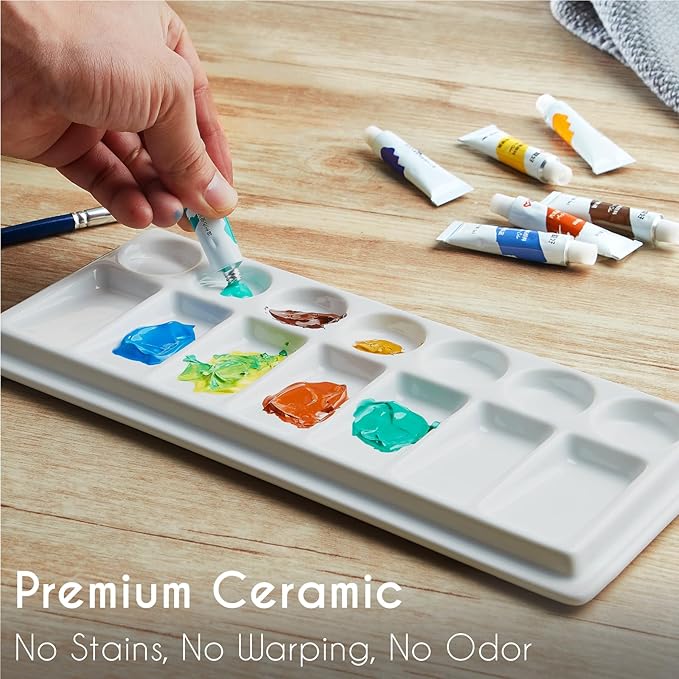 Rectangular Ceramic Paint Palette with Lid, 14-Well Porcelain Watercolor Mixing Tray for Acrylic, Oil & Gouache, Large Artist Watercolor Palette with Plastic Cover