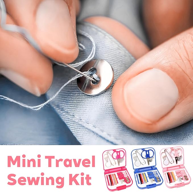 3 Pcs Mini Travel Emergency Sewing Kit – Portable Plastic Box Set with Threads,Needles,Scissors & Threader,Beginner-Friendly for Adults,Women,Mom,Traveler (Pink,Blue,Fuchsia)