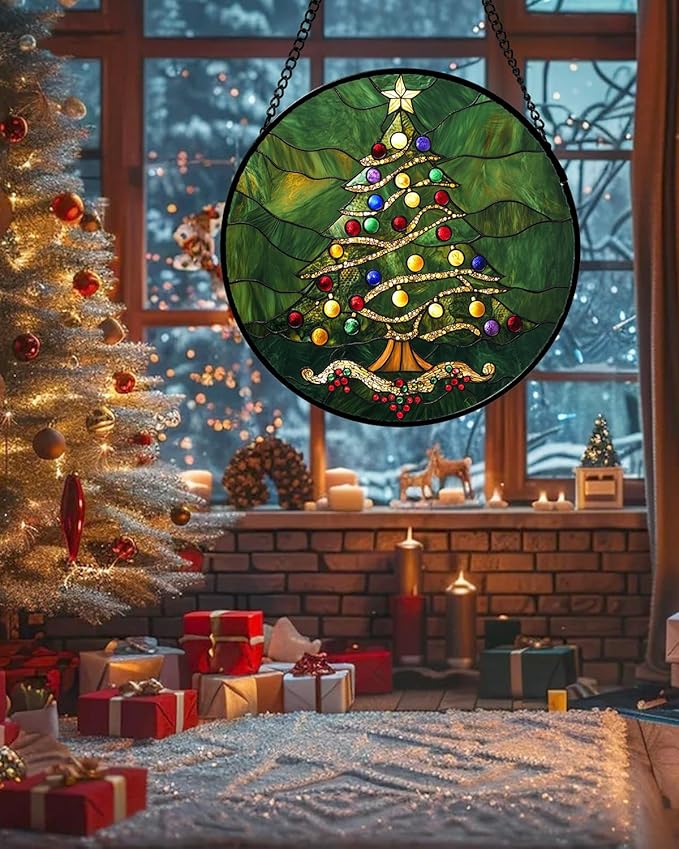 Stained Glass Window Hanging - Green Christmas Tree with Colorful Lights Suncatcher for Doors Home Christmas Decoration Sun Catcher Thanksgiving New Year Birthday Gifts for Women Men Mom Nana 9.8 in