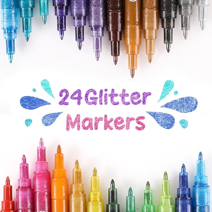 Grabie Glitter Metallic Markers, Extra-Fine Tip Glitter Acrylic Paint Markers, Quick-Drying Water-based Ink Glitter Pens for Adults, DIY Crafts Making (Extra Fine Tip 24 Colors, Pack of 24)