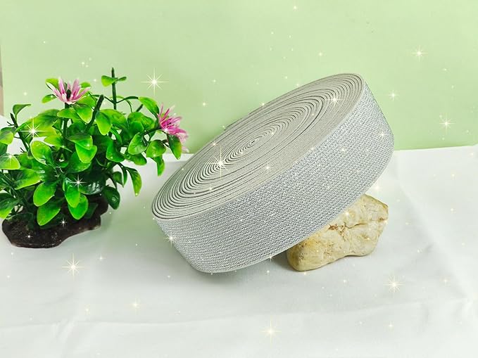 1.5 inch Silver White Glitter Knit Elastic Band for Sewing 5 Yards Metallic Gold Ribbon Trims Spool Non-Slip Heavy Elastic Stretchy Strap for Pants Waistband-Wigs-Skirts-Craft Projects