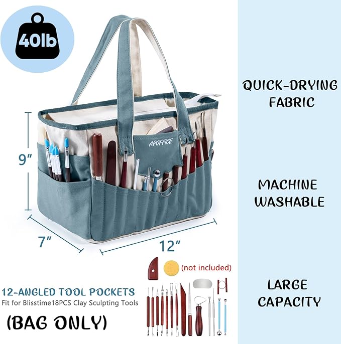 APOFFICE Pottery Tools Bag with Pockets for Clay Sculpting Tools, Ceramic Tools– Art Supply Organizer for Polymer Clay Tools, Craft Tote, Yarn & Crochet Storage, Washable Canvas Artist Bag Gift