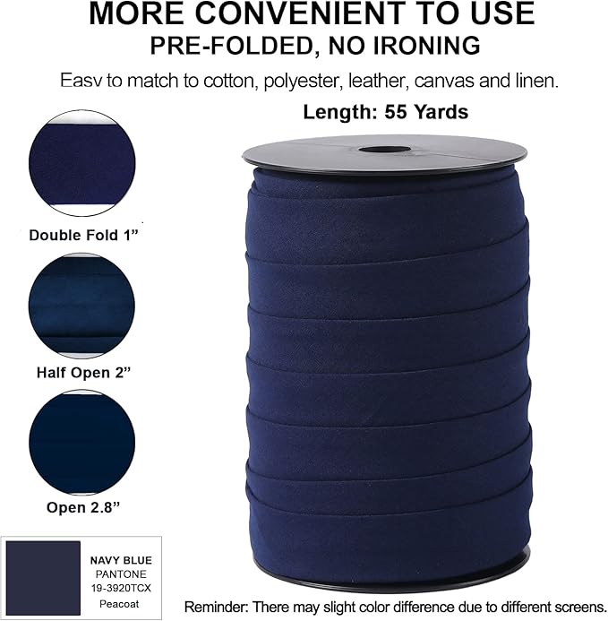 Bias Tape Double Fold 1 inch, Double Fold Bias Binding Tape 55 Yards (Navy Blue) and 4 Pieces Sewing Fabric Chalks for Crafts, Sewing, Seaming, Hemming, Piping, Quilting.