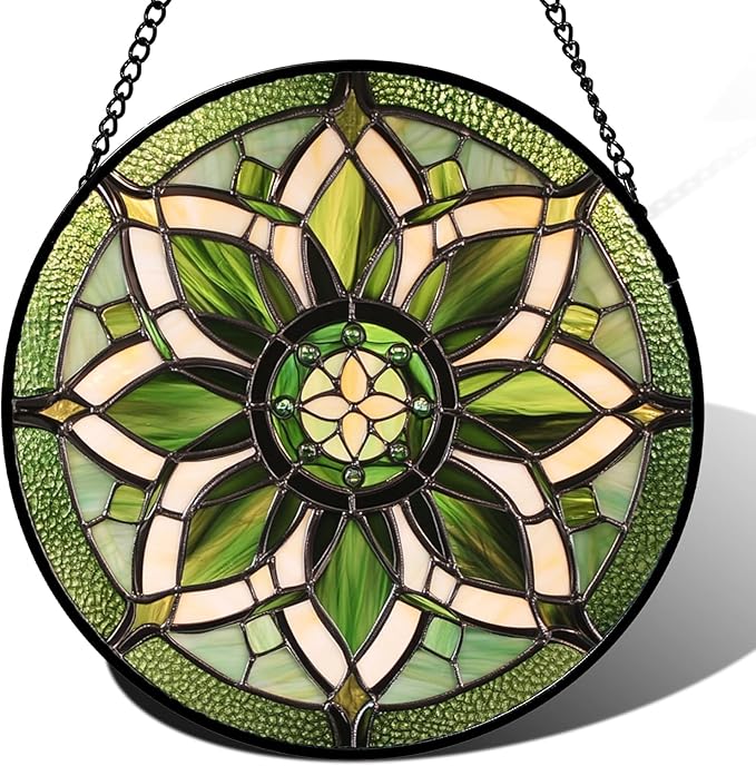 Stained Glass Window Hanging - White Green Boho Flower Suncatcher for Doors Window Home Sun Catchers Decor Christmas Mother's Day Birthday Gifts for Teacher Women Men Mom Nana 11.8 in