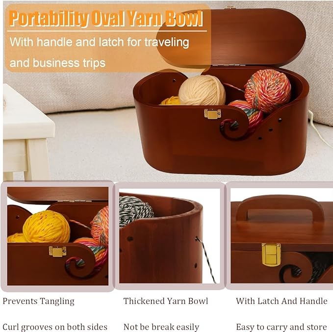 Gift Wooden Yarn Bowls with Lid and Handle for Knitting, Portable Crochet Bowls with 9 Knitting Crochet Hooks, 5 Hooks, Yarn Ball, Complete Set for Beginners, Enthusiasts,Mother's Day gift