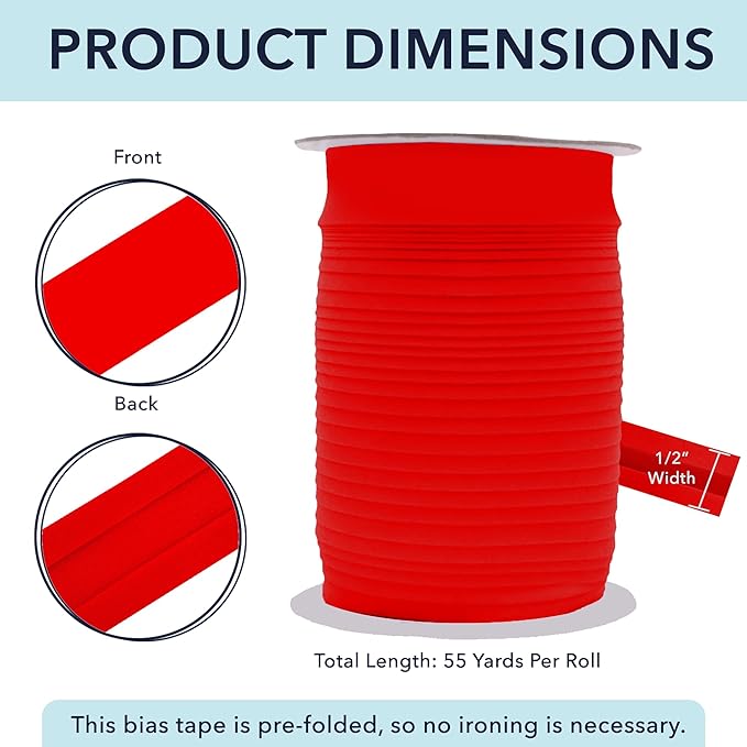 Mandala Crafts 1/2 Inch Single Fold Bias Tape for Sewing, Quilting, Piping, Hemming, Blanket & Quilt Binding – 55 Yards Red Fabric Seam Binding Tape