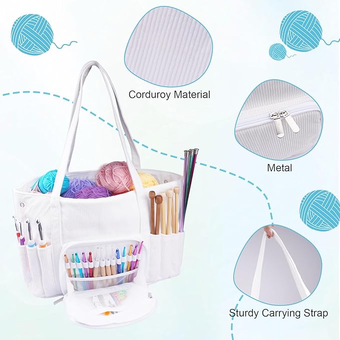 Crochet Bag Organizer, Large Capacity Yarn Storage Bag, Corduroy Knitting Crochet Tote Bag, Crochet Storage Bag for Crochet Hooks, Crochet Accessories, Knitting Needles Holder, White