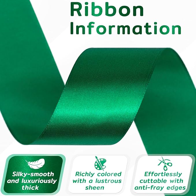 60 Yards Green Satin Ribbon 1-1/2 Inch, Solid Polyester Fabric Ribbon for Gift Wrapping, Crafts, Flower Bouquet, Wedding, Baby Shower, Festival, Christmas, Halloween