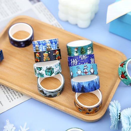 12 Rolls Winter Washi Tape Set, Blue Decorative Tape Snowflake ICY Christmas Themed Masking Tape for Journaling Supplies, Junk Journal, Scrapbooking, DIY Arts & Crafts, Gift Wrapping