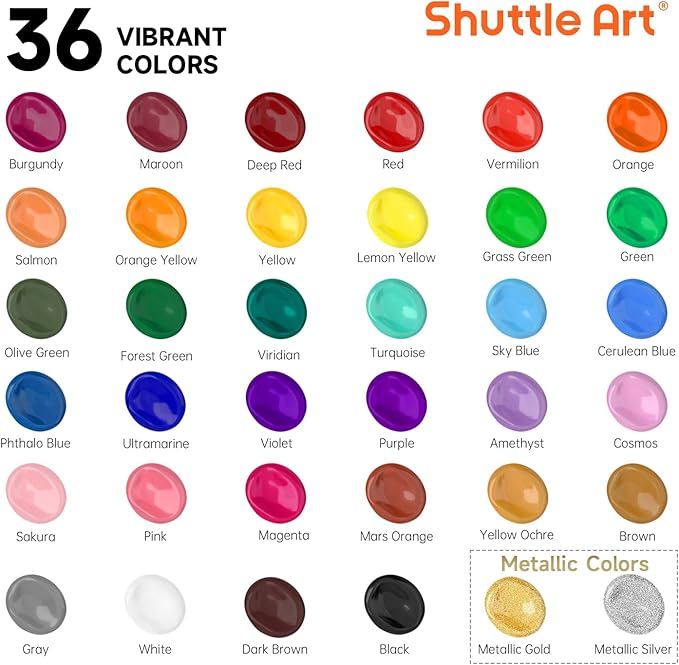 Shuttle Art Acrylic Paint Set, 36 Colors Acrylic Paint with Brushes & Palette, 2oz/60ml Bottles, Rich Pigments Non-toxic for Artists Kids & Adults, Painting on Canvas Rocks Ceramic Wood