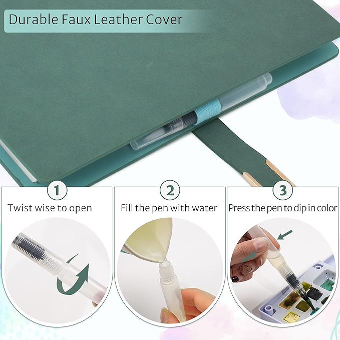 Vienrose 9" x 7" 3 Ring Watercolor Sketchbook, Faux Leather Cover Professional Art Journal with Detachable 24 Sheets 48 Pages, Ideal for Water Coloring, Sketching, Painting, Turquoise