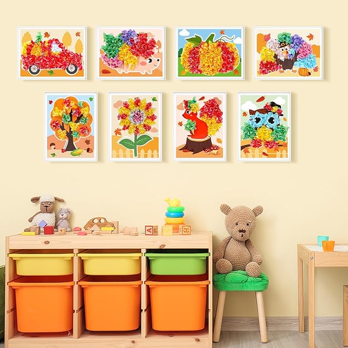 8PCS Poke-in Craft Art Kit Fall Thanksgiving No-Mess Fabric Sewing Puzzle Puncture Painting DIY Turkey Pumpkin Fall Harvest Toy Gift Creative Activity Game Birthday Party