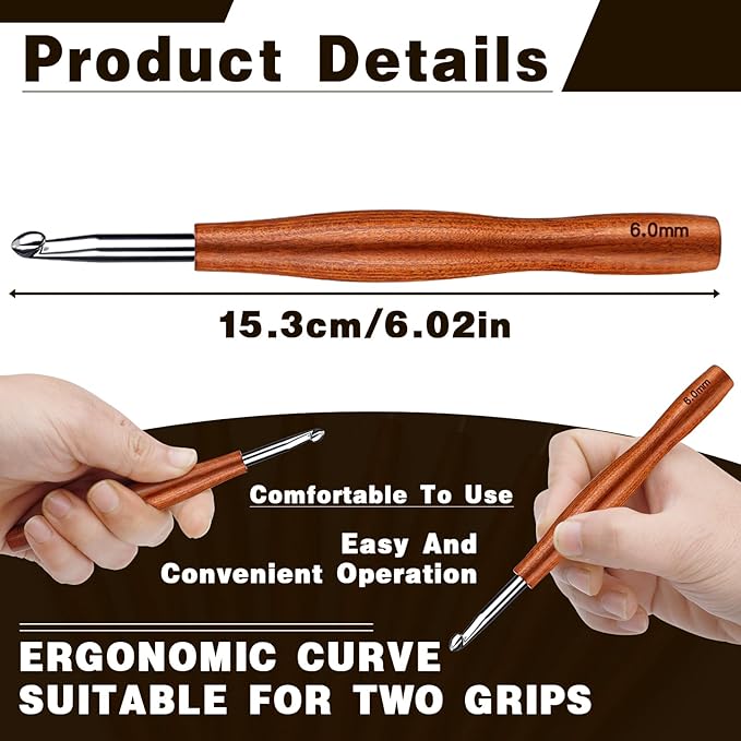 Nitlak 6mm Crochet Hook, Available in 1.5mm-6.0mm, Aluminum Ergonomic Crochet Hook with Wooden Handle for Arthritic Hands, Beginners, Knitting Needles for Christmas Gifts for Mom