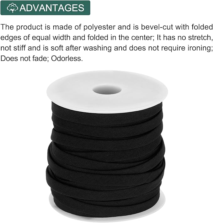 MECCANIXITY 1/4 Inch Double Fold Bias Tape Polyester Continuous Bulk Bias Tape for Sewing,Seaming Quilting Hemming Binding Crafts (Black 25 Yards)