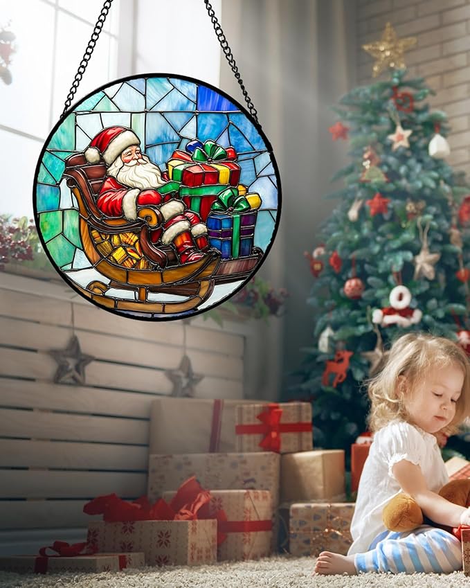 Stained Glass Window Hanging - Santa Claus Gift BoxSuncatcher for Doors Home Christmas Decoration Winter Sun Catcher Thanksgiving New Year Birthday Gift for Women Men Mom Nana 9.8 in