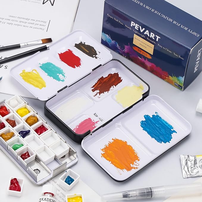 PEVART Empty Watercolor Paint Palette case,Metal Water Color Tin Box Palette with 50 Half Pans and Fold-Out Mixing Painting Tray-Portable Travel Watercolor Palette, Plain Air Painting