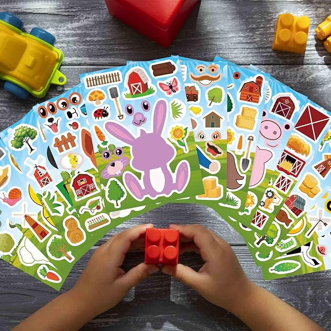 48 Sheets Make Your Own Stickers for Kids, Make a Farm Animal Face Sticker Sheets with Farm and Cute Animals for Kids Birthday Party Favors Supplies Teacher Reward