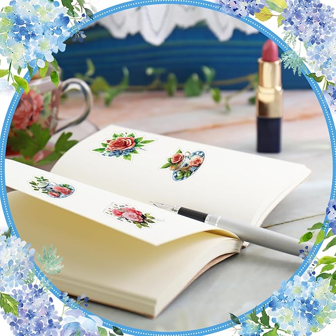 300 Pcs Rose Tea Cup Stickers Rustic Mini Teacup Stickers Tea Aesthetic Waterproof Vinyl Decals Pack for Water Bottles Scrapbooking Laptop Luggage Phone Skateboard