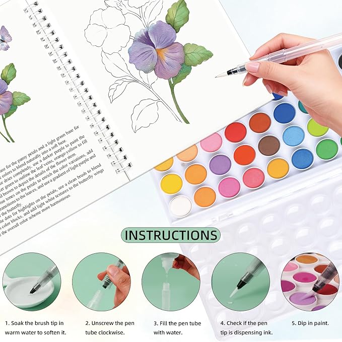 Watercolor Workbook,36 Colors Water Coloring Book, Watercolor Paint Set Portable with 2 Paint Brush,15 Beautiful Paintings for Beginners