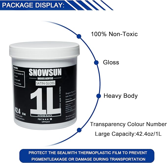 SNOWSUN Large Bulk Acrylic Paint, Basic Charcoal Black Acrylic Paint 1L /42.4 oz, and 25ml*2 Pouch Titanium White, Gloss Non-Toxic Heavy Body Paints - Thick Art Paints for Multi-Surface Canvas Wood Ceramic Fabric Wall- Ideal for Artists & Beginners