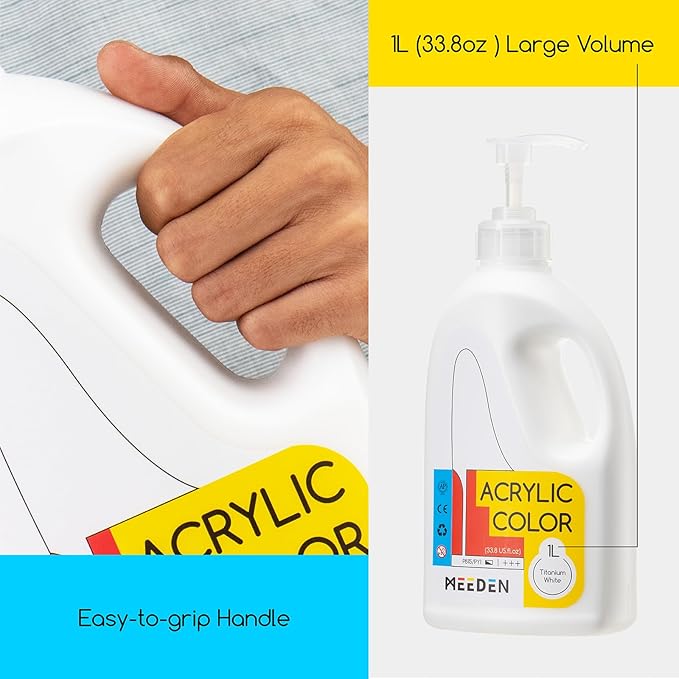 MEEDEN Titanium White Acrylic Paint: 1 L /33.8 oz White Liquid Paint with Pump Lid - Soft Body Art Paints for Canvas, Studio, School, Wall & Poured Paintings