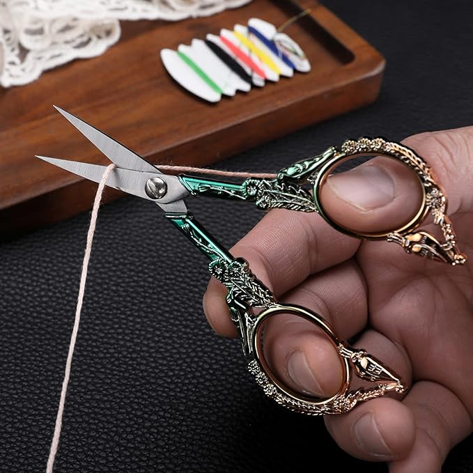 Embroidery Scissors, Sharp Pointed Sewing Scissors for Craft Cross Stitch Needlework Artwork Knitting Threading Small DIY Tools, 4.6in Gold Green Cute Bird