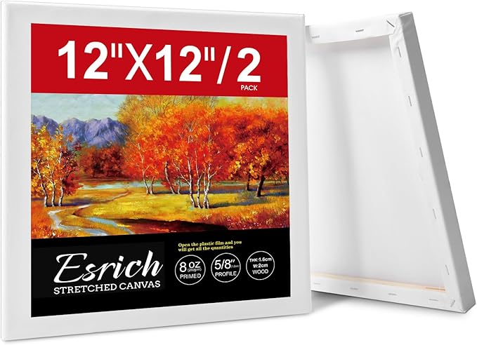 ESRICH Stretched Canvas for Painting 12x12 Inch, 2 Pack Blank Canvas -5/8 in Profile Primed Cotton White Canvases for Painting for Oil & Acrylic Paint