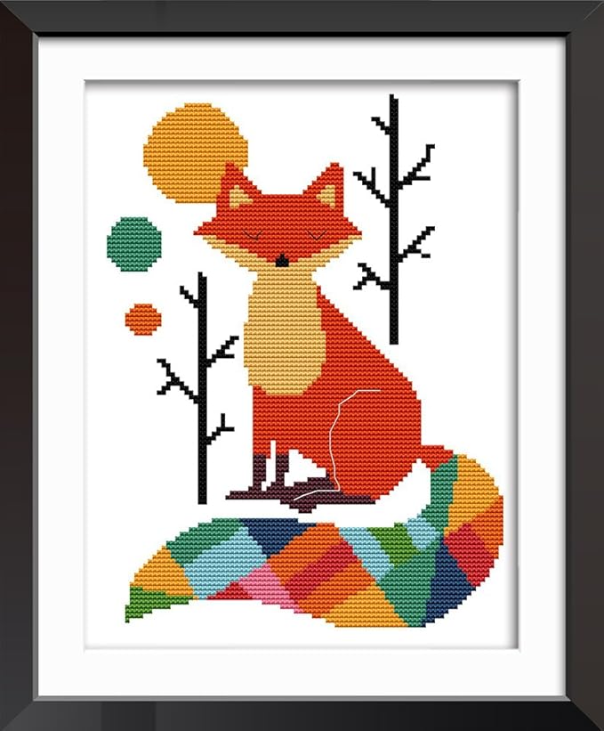 Stitchmelody Stamped Cross Stitch Kits for Beginners,11CT Printed Pattern DMC Embroidery Kit for Adults,DIY Needlework Set-Smart Color Fox 11''X15''