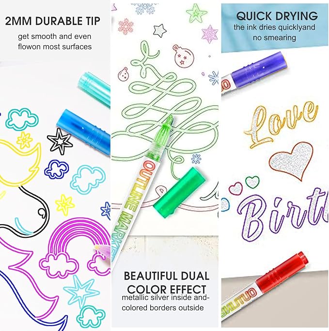 Glitter Markers Outline Glitter Pens, Tween Teen Girl Gifts Trendy Stuff, 24pcs Shimmer Metallic Outline Markers, Art Supplies Crafts Gifts for 4-12 Year Old Girls 6-8 9-12 10-12,Cute Cool Fun Crafts