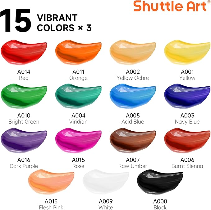 Shuttle Art 87 Pack Acrylic Paint Set, Painting Kit with 3 Pack of 15 Colors Acrylic Paint, 3 Sets of Wooden Easels, Canvas, Brushes & Palettes, Art Painting Supplies Kit for Adults Kids Beginner