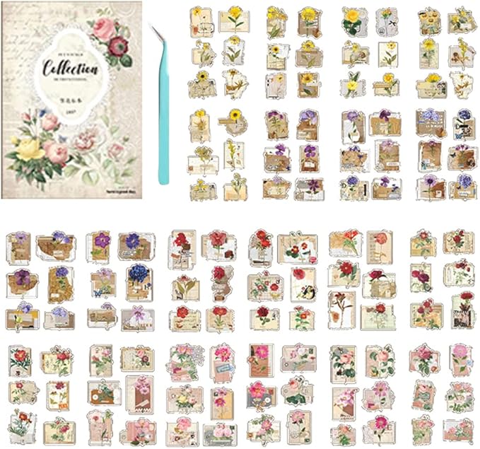 Alideco Vintage Scrapbook Stickers Set Retro Floral Sticker Book for Adults Sticker journaling Stickers for Scrapbooking Tweezer 20Sheets/160Pcs (fanhuabiaoben)