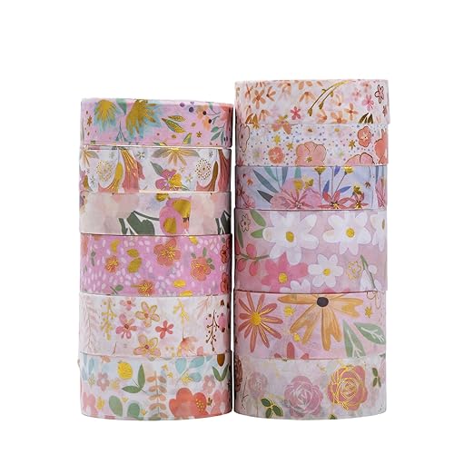 12 Rolls Vintage Washi Tape Set, Botanical Tapes, Decorative Tapes for Scrapbooking Supplies/Junk Journal/Bullet Journaling/Art Crafts(Pink)