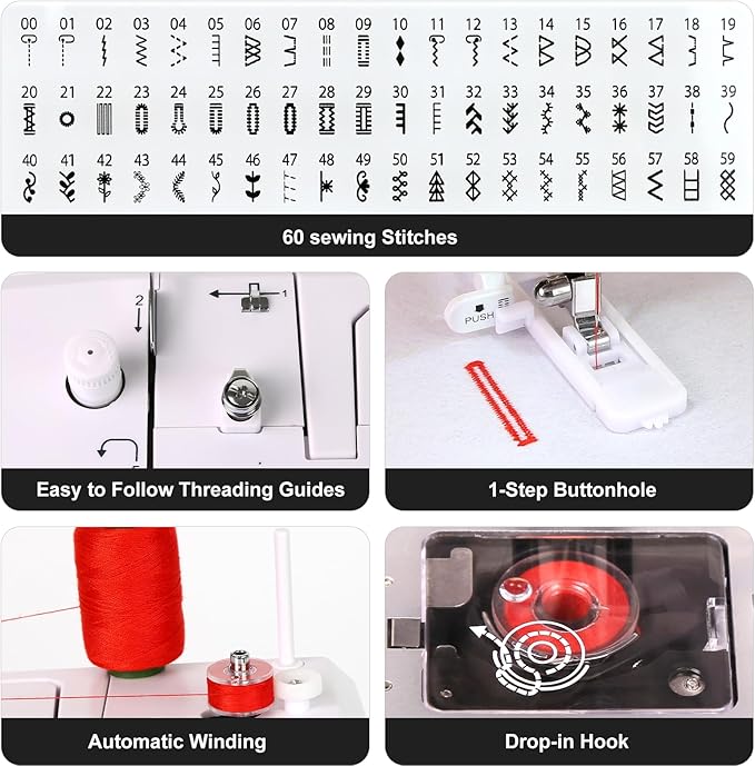 FEIYUE FY401 Electronic Sewing Machine, 60 Stitches, Digital LCD, Easy One-Touch Operation, Portable & Versatile for Beginners and Crafters, Home Sewing & DIY Projects