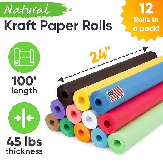 24" x 1200" Pack of 12 Rolls USA Made (100 ft) Multi-Color Kraft Paper Rolls Set, 45 lbs – Colored Paper for Arts and Crafts, DIY Projects, Gift Wrapping, Packing
