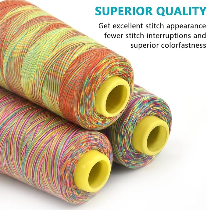 Rainbow Variegated Polyester Sewing Machine Thread - All-Purpose 3 Cones of 3000 Yards Each for Sewing, Quilting, Overlock, Embroidery & Hand Embroidery