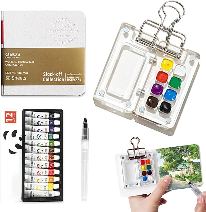 Mini Watercolor Paint Set Pocket Artist Watercolor Travel Set with Mini Paint Palette,Brushes, 12 Colors, Watercolor Sketchbook for Artists Painters Students(Plastics)