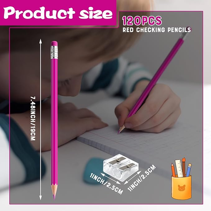 120 PCS Pink Checking Pencils Erasable Colored Pencils with Eraser Pre-Sharpened 2 HB for Checking, Grading, Tests & Office/School Supplies (Pink)