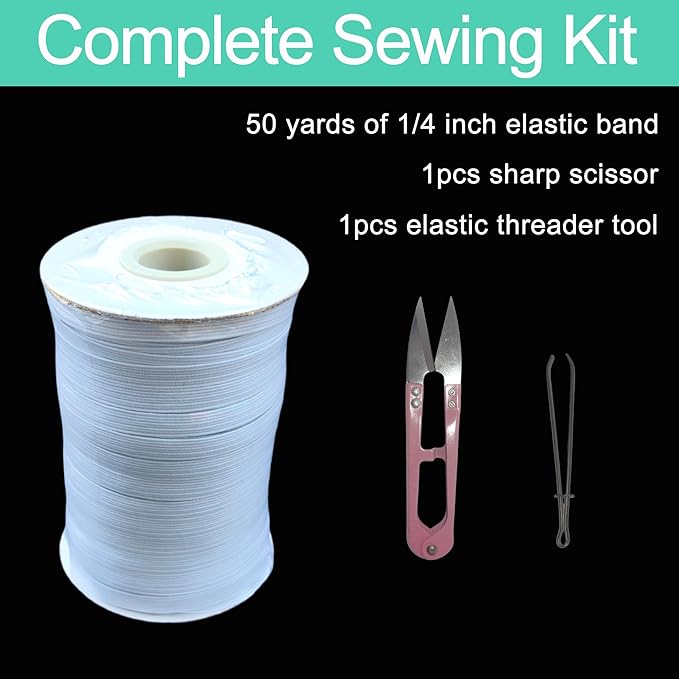 1/4 Inch White Elastic Band 50 Yards High Stretchy Flat Elastic Cord for Sewing & Crafts | Includes Sewing Scissors & Elastic Threader Tool