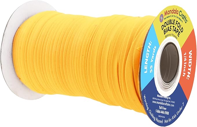 Mandala Crafts 55 Yards 1/4 Inch Mustard Yellow Double Fold Bias Tape for Sewing - Bias Binding Tape for Quilting Binding, Hemming, Seam, and Fabric Piping