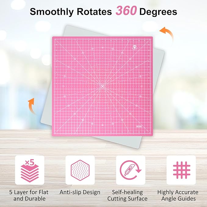 Headley Tools 17"x17" Rotating Cutting Mat, Self Healing Mat with 360-Degree Rotation & Anti-Slip Base, Sewing Board Cutting Mat Perfect for Fabric Quilting Leather Hobby Project, Pink