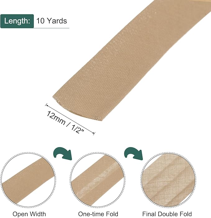 MECCANIXITY 1/2 Inch Double Fold Bias Tape Polyester Continuous Bulk Bias Tape for Sewing,Seaming Quilting Hemming Binding Crafts (Khaki 10 Yards)