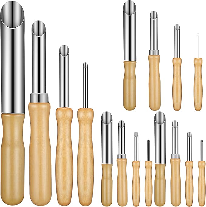 Leriton 16 Pieces Clay Hole Cutters Stainless Steel Circle Shaping Clay Tools Wooden Handle Circular Pottery Tools for Sculpture Pottery Drilling Holes Supplies, 4 Sizes