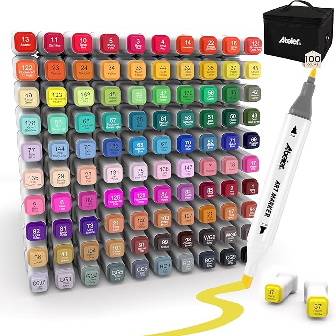 ABEIER Alcohol Markers, 100 Colors Dual Tip - Chisel& Fine, Coloring Markers Perfect for Adults, Ideal For Book Drawing Sketching Painting, Card Making