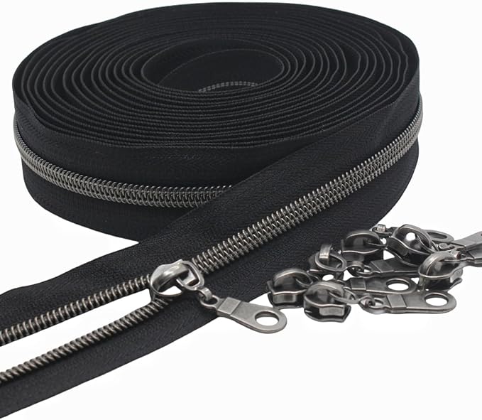 MebuZip #5 Gunmetal Metallic Nylon Coil Zippers by The Yard Bulk Coil Zipper Roll 10 Yards with 25pcs Pulls for DIY Sewing Craft Bags (Black)