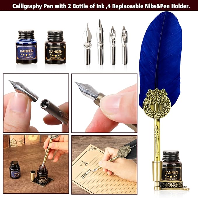 Quill pen ink set,Feather Pen and Ink Set,Antique Calligraphy Pen with 4 Replaceable Nibs,2 Bottle of ink,Feather Dip Pen Holder Christmas Gift for Men&Women.(Blue)
