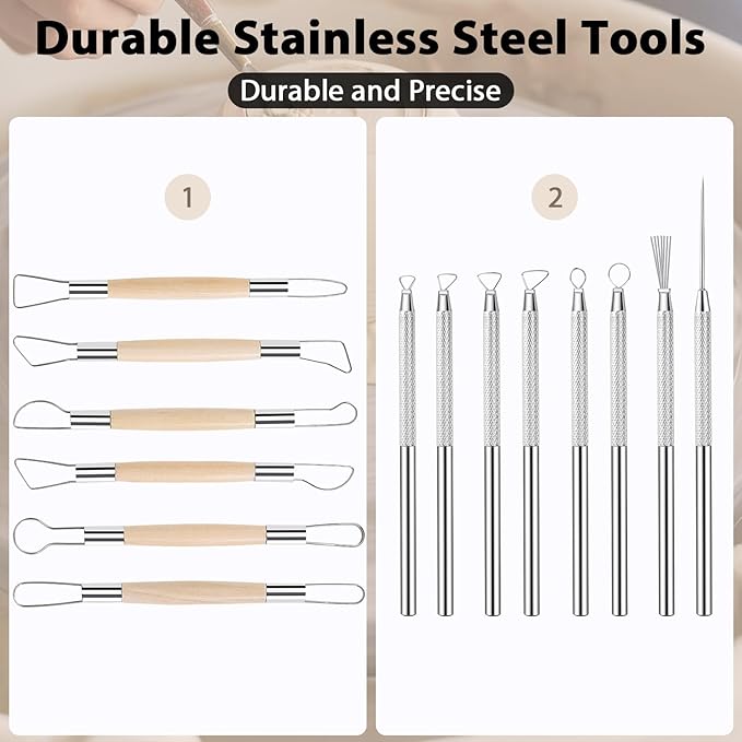 Tovotum 14PCS Ceramic Pottery Clay Ribbon Sculpting Tool Set with Feather Wire Texture and Needle Detail Tools for Carving Modeling