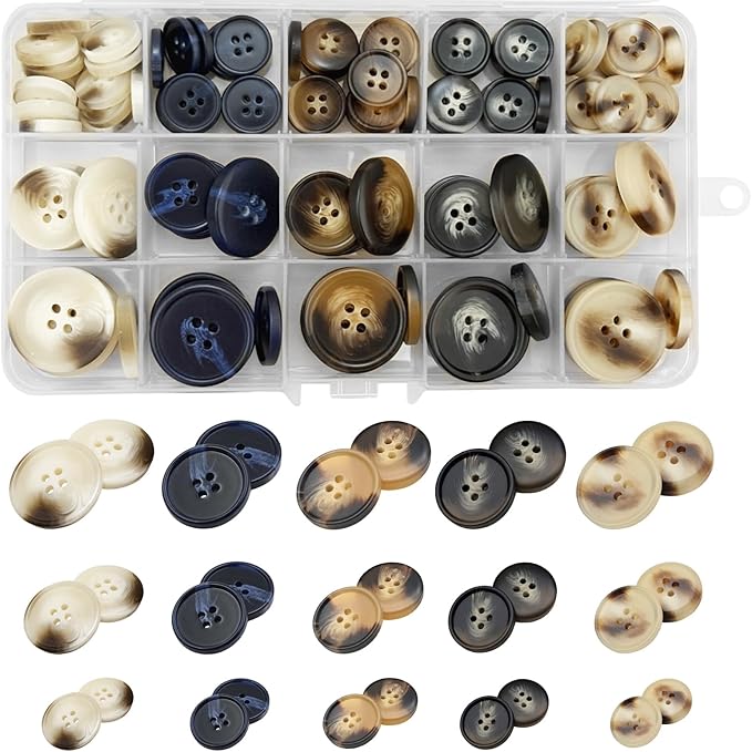 Assorted Buttons for Sewing Crafts,135Pcs 4-Hole Round Blazer Buttons, 5 Color 3 Size (15mm, 20mm, 25mm) Resin Button for Suit,Shirt,Coats,Clothes Sewing,DIY Craft (Black,White,Blue,Coffee Color)