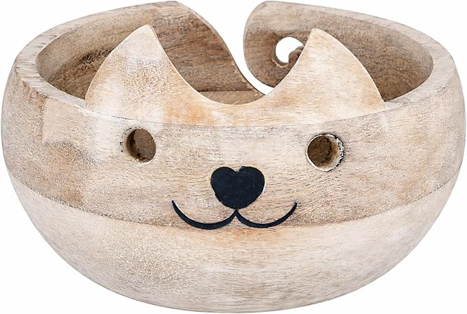 Christmas Gifts for Women Cat Yarn Bowl Knitting Bowl Large Crochet Yarn Holder Handmade Crocheting Accessories and Supplies Organizer 7 x 3 Wooden White Elephant Gifts